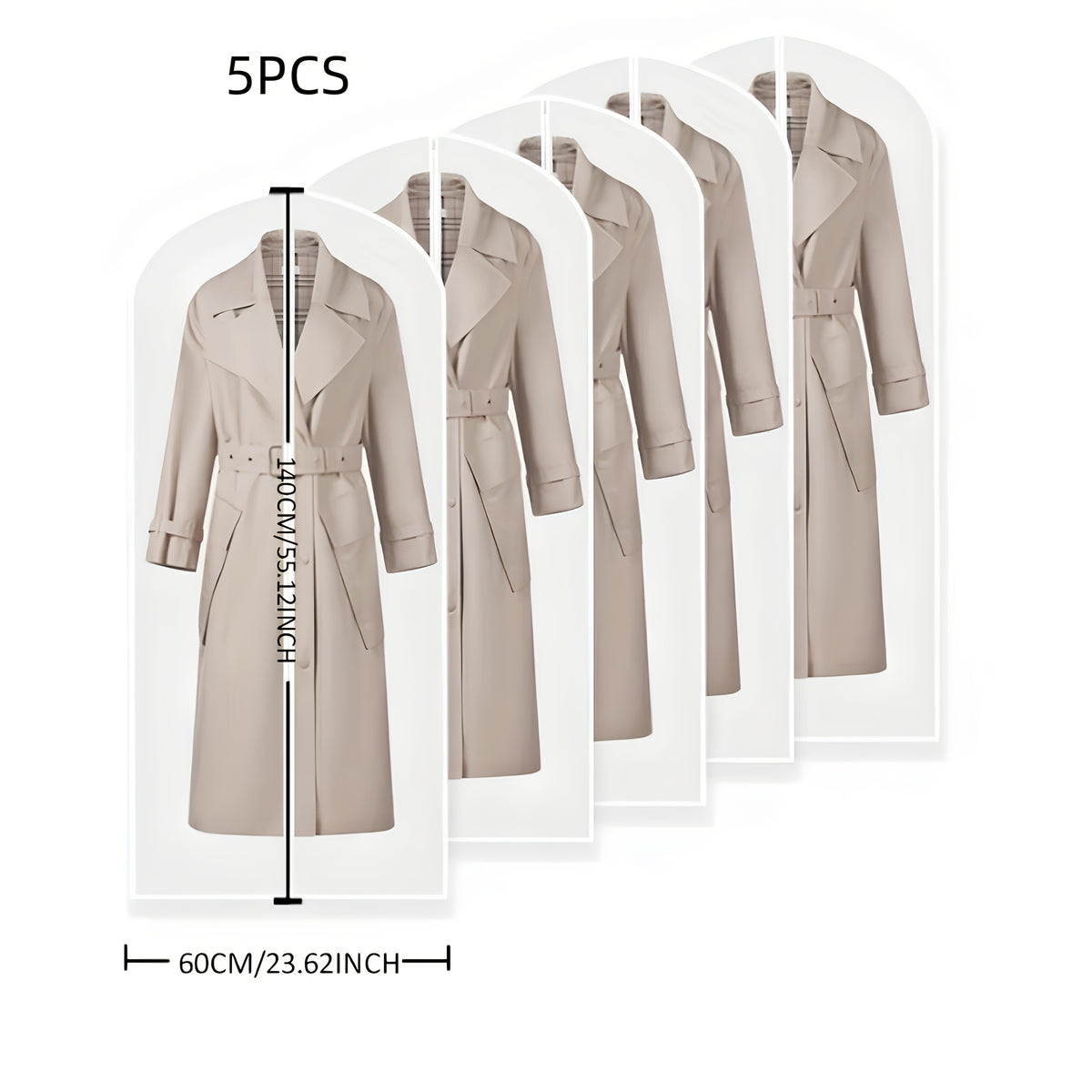 Clear PEVA Garment Bags with Full Zippers, Five-Piece 24 x 55 Inch Clothing Cover Set for Suitable Jackets, Suits and Wardrobe Organization or Travel Storage