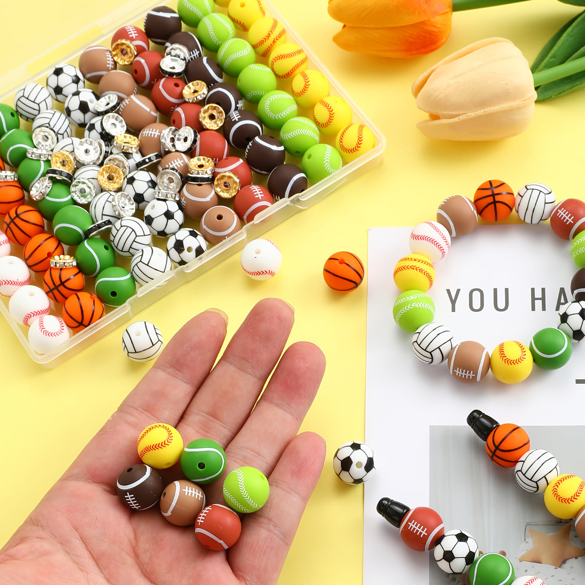 Sports Ball Silicone Bead Set by Foyotri, Listed 103 Pieces with 15mm Round Straight-Hole Beads in Mixed Colors for DIY Bracelets, Jewelry and Decorative Crafts
