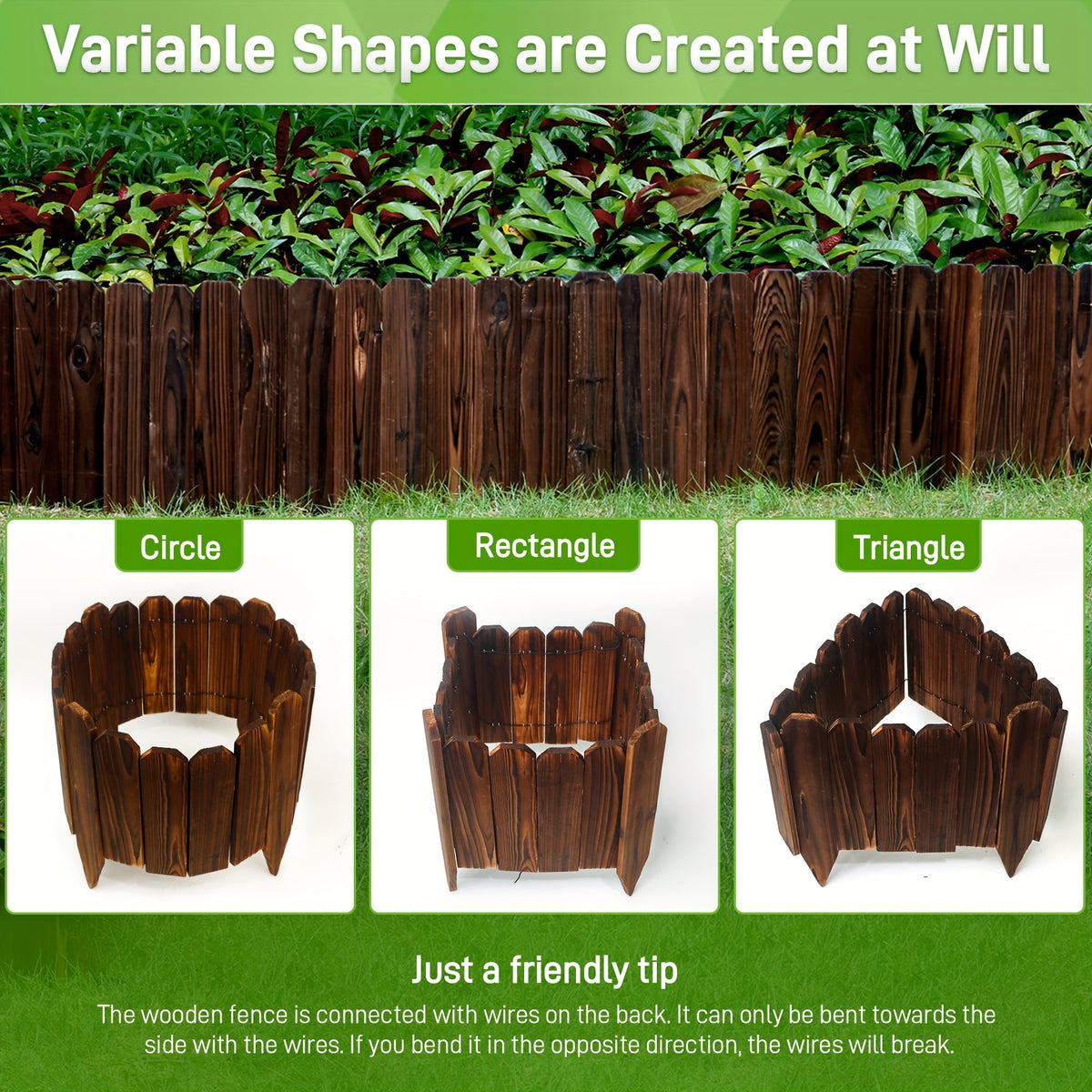 Wooden Garden Edging Border with Listed 47.2-Inch Length, Wire-Connected Decorative Picket Design for Flower Bed Outlines, Curved Paths and Landscape Accents