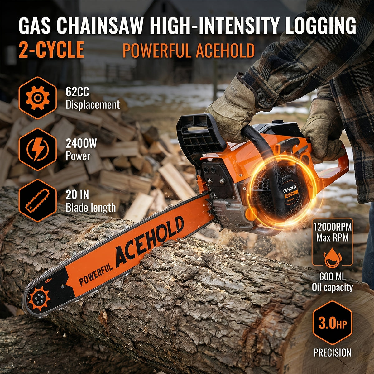 Gas Chainsaw with Anti-Vibration Handle, 62cc 2-Stroke Wood Cutting Saw with Listed 20-Inch Guide Bar for Experienced Adult Ranch and Farm Users