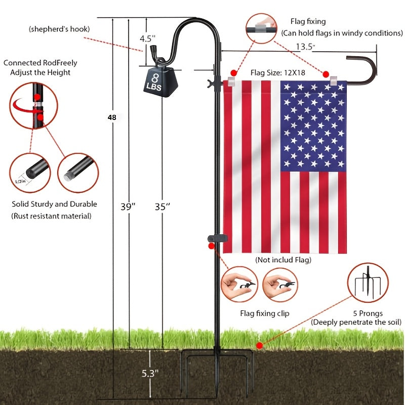 48-Inch Garden Flag Stand with Shepherd Hooks and Four-Claw Base, Holder for Small Flags up to 12 x 18 Inches, Yard Decor Support, Flags and Lanterns Not Included