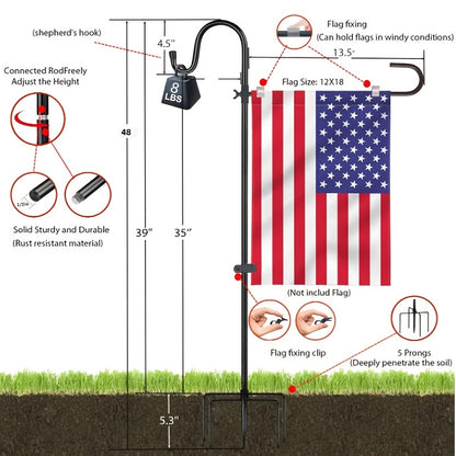48-Inch Garden Flag Stand with Shepherd Hooks and Four-Claw Base, Holder for Small Flags up to 12 x 18 Inches, Yard Decor Support, Flags and Lanterns Not Included