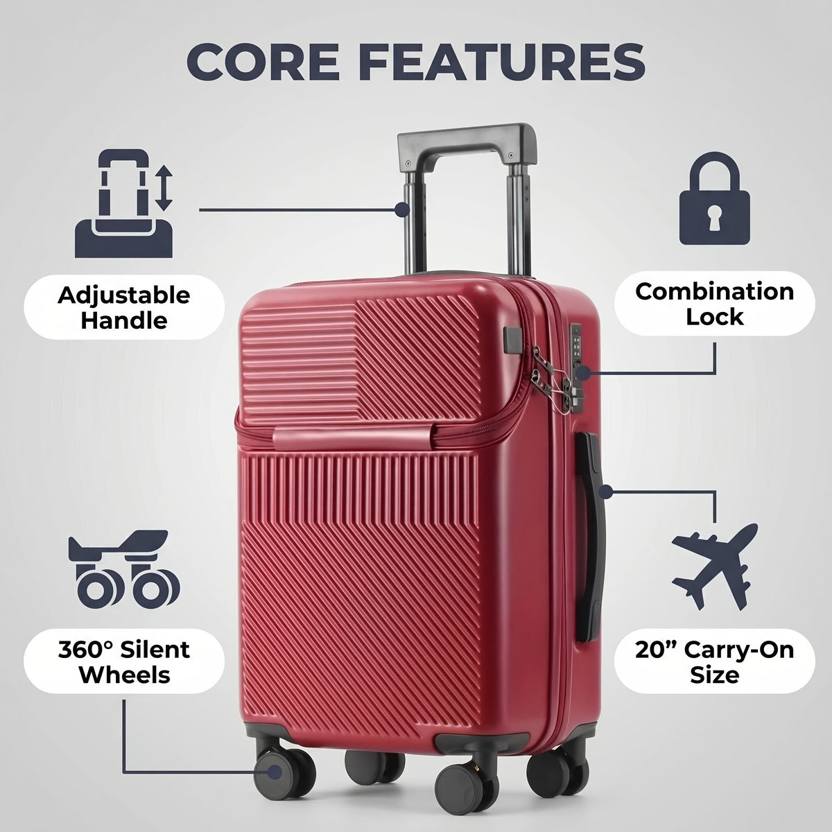 20-Inch Wheeled Suitcase with Listed Combination Lock, Single Travel Luggage Case in Red, White, Green, Grey or Black-1 for Weekend Getaways and Work Trips