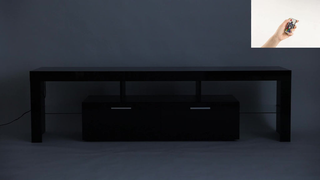 White LED TV Stand with Cabinet Storage and Glass Shelves, Modern Media Console for Living Room and Game Room in 130, 167 or 180 cm Model Options
