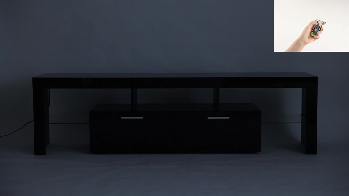 White LED TV Stand with Cabinet Storage and Glass Shelves, Modern Media Console for Living Room and Game Room in 130, 167 or 180 cm Model Options