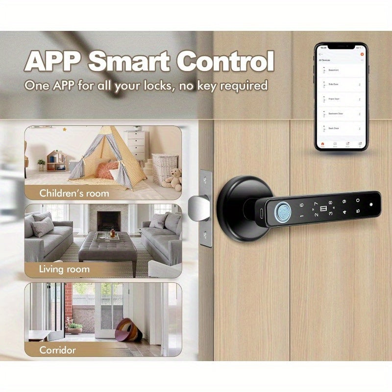 5-in-1 Fingerprint Door Knob Lock with Keypad and Smart Life Access, Two IC Cards and Two Keys, Single-Row or Double-Row Options for Compatible Interior Doors