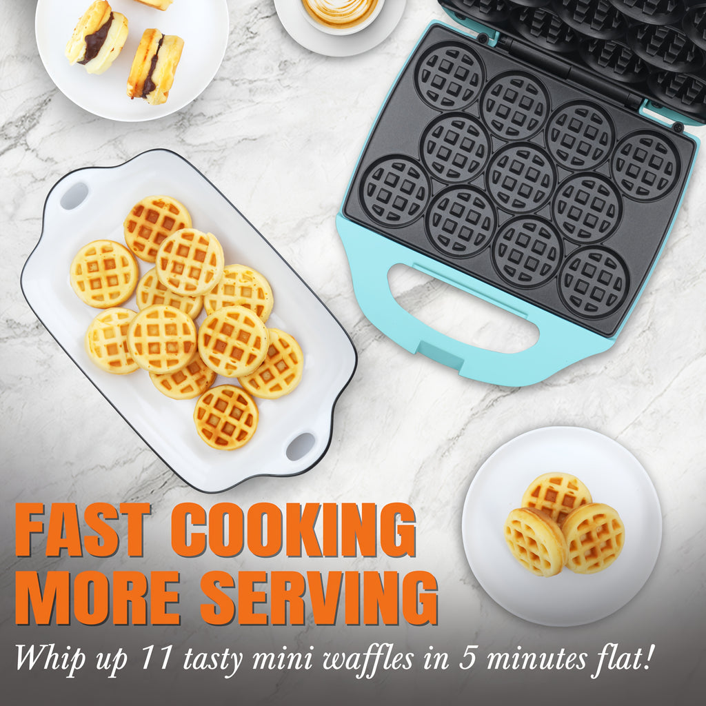 Bite Size Waffle Maker, Mini Belgian Waffle Iron Makes 11 x 2.2 Inch Tiny Waffles, Nonstick Breakfast Machine for Kids and Adults, Aqua Waffle Maker for Kitchen and Desserts