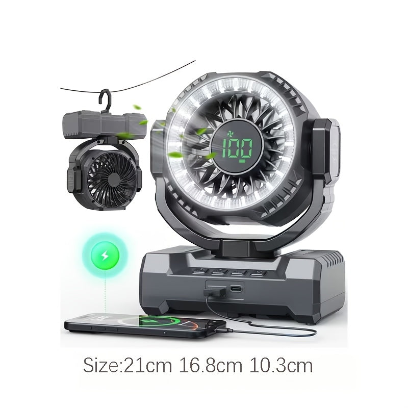 Display-Screen Camping Fan with Listed 24000mAh Rechargeable Battery, Five Speeds, USB Charging and Tent Hook for Campsite, BBQ and Home Power-Outage Airflow