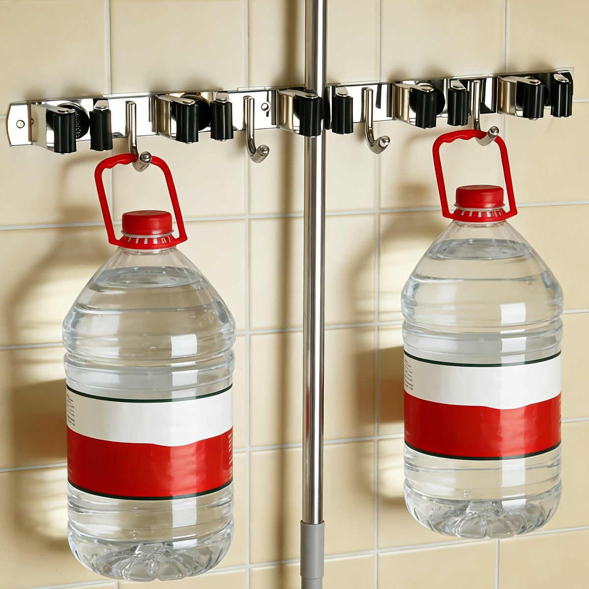 Stainless Steel Mop and Broom Holder with Self-Adhesive Wall-Mount Design, Three-Rack Two-Hook or Five-Rack Four-Hook Styles in One or Two Pack Options for Utility Storage