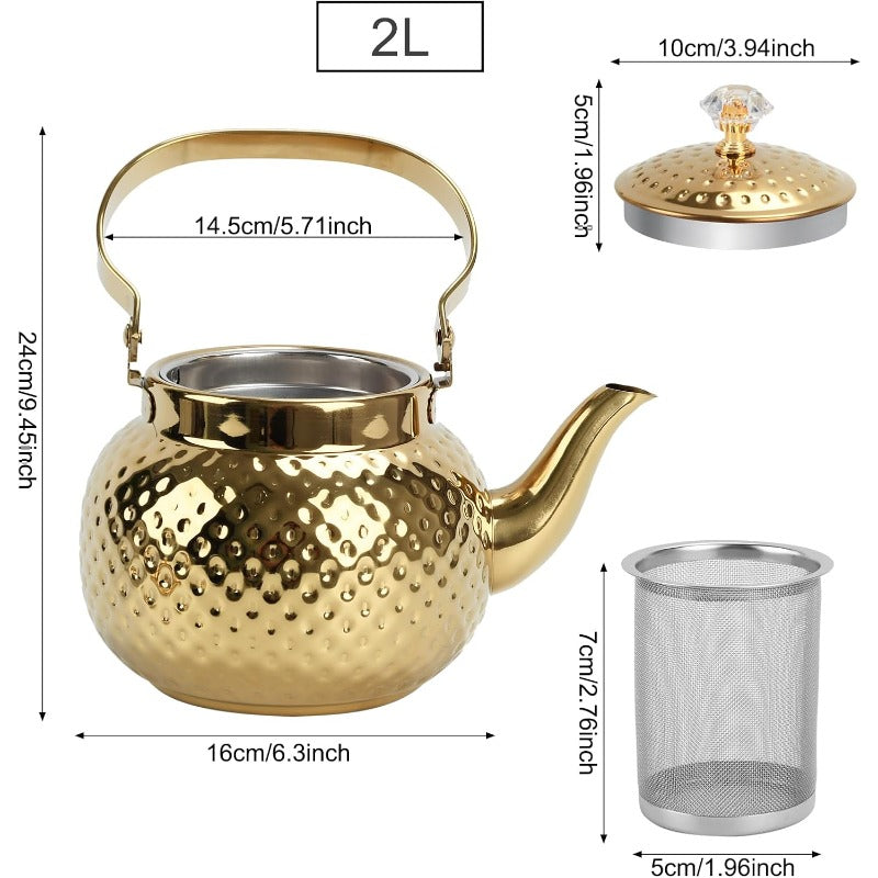 Hammered Stainless Steel Teapot with Strainer, 40.58oz Loose Leaf Tea Kettle in Gold or Silver for Home Tea Brewing & Tea Lover Gifts
