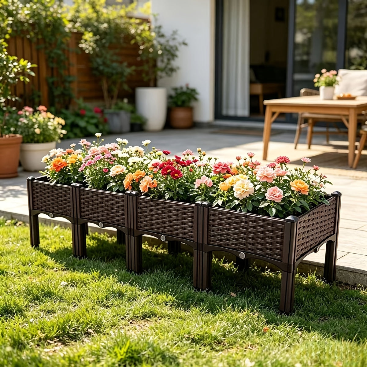 Raised Garden Bed with Legs by SKYNEST, Brown Plastic Planter with Listed Drainage System and One- to Four-Box Options for Outdoor Herbs and Vegetables