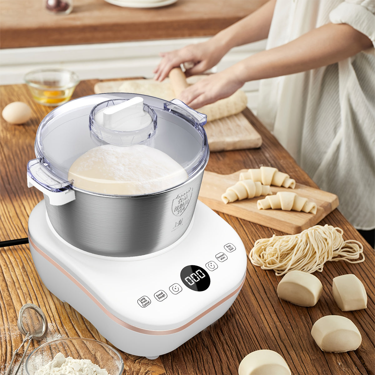Timed Dough Mixing and Fermentation Machine in White with Listed 250W Motor, 304 Stainless Steel Bowl and Three Modes for Bread, Pizza and Home Dough Prep