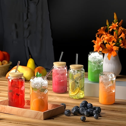 Iced Coffee Glass Set with 16oz Mason Jar Style Mugs, Bamboo Lids and Straws for Reusable Cold Beverage Serving at Home, Brunch Gatherings and Gift Giving