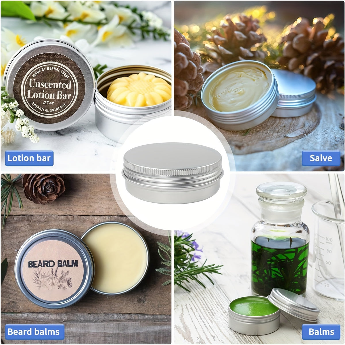 Aluminum Tins with Screw Lids, Round Refillable Metal Storage Containers in 45-Pack 4oz or 60-Pack 2oz Options for Craft and Sewing Supply Organization