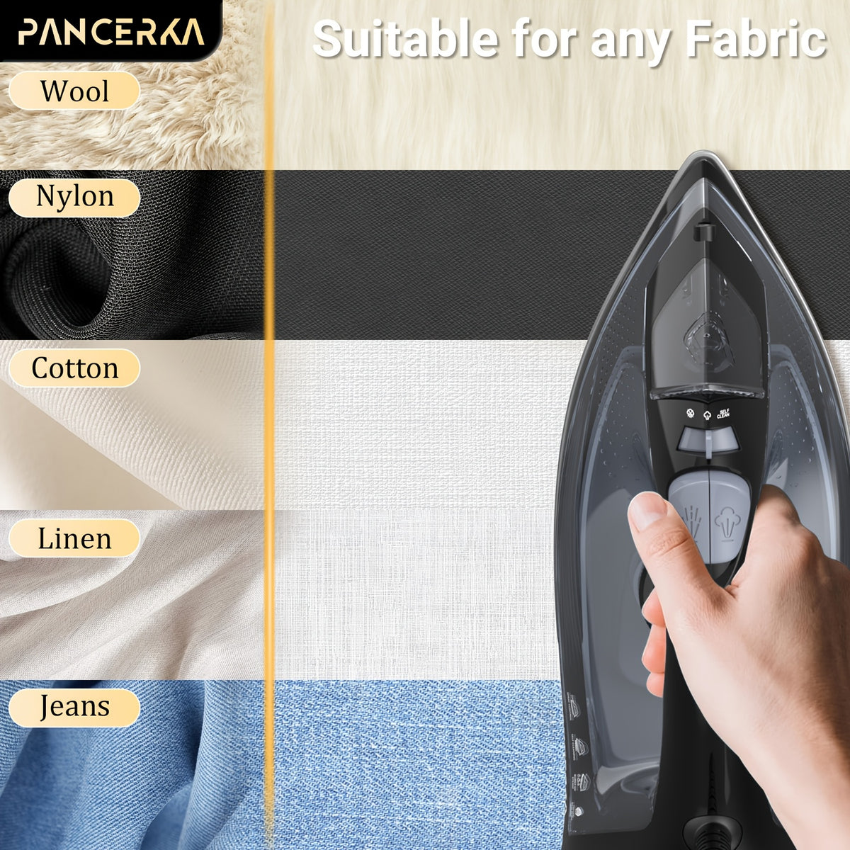 Adjustable Thermostat Steam Iron by PANCERKA, Black Clothes Iron with Listed 1200W Power, Nonstick Soleplate, Variable Steam Control and Overheat Protection Wording