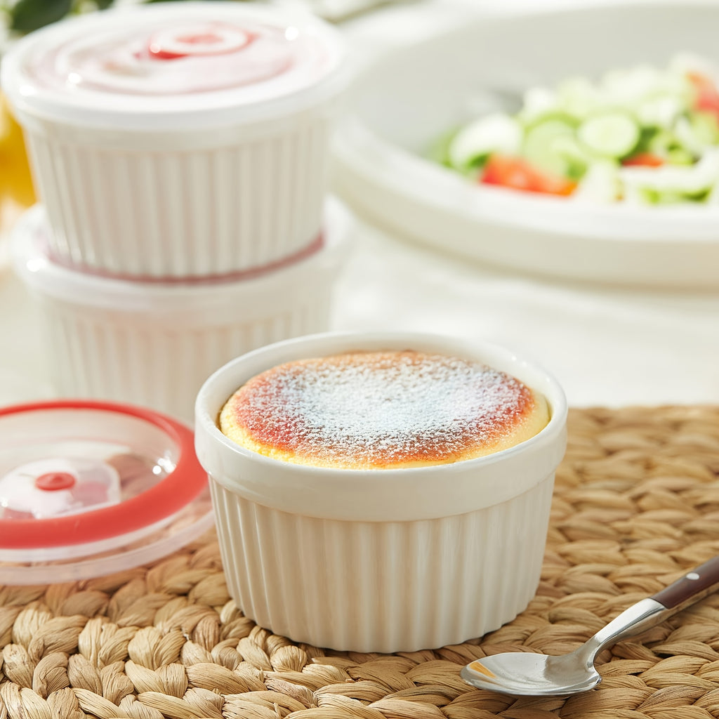 Porcelain Ramekins with Lids, Set of Six with Listed 8-Ounce Capacity for Soufflé, Crème Brûlée, Pudding and Custard Preparation, Serving and Food Storage