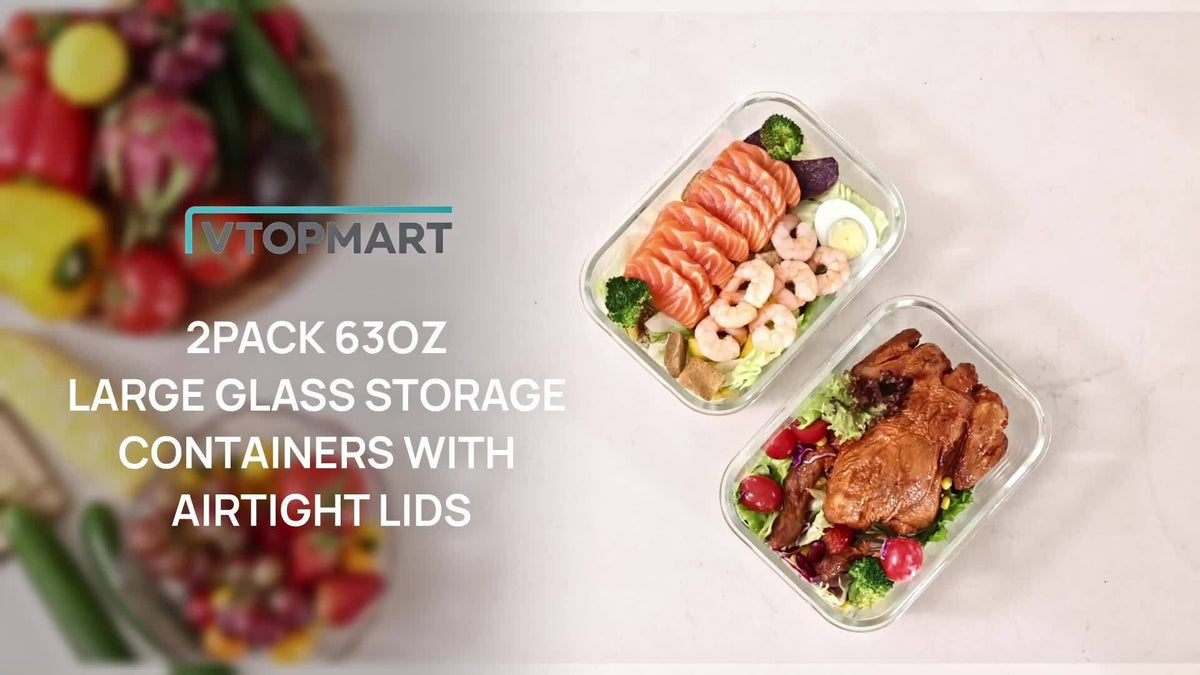 Large Glass Storage Containers for Family Meal Prep, 2-Pack 1860ml 63oz Borosilicate Containers with Hinged Lids and Removable Silicone Seals in Green or Gray