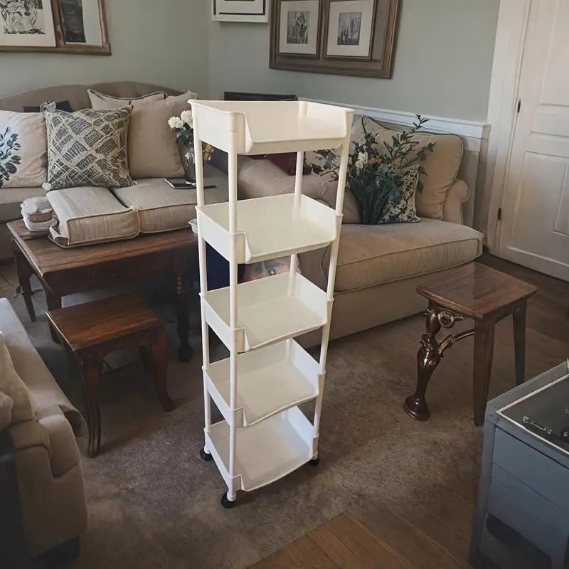 5-Tier Plastic Storage Rack with Open Shelves and Hooks, One Floor-Standing Organizer for Kitchen, Entryway, Shoes and Everyday Home Storage