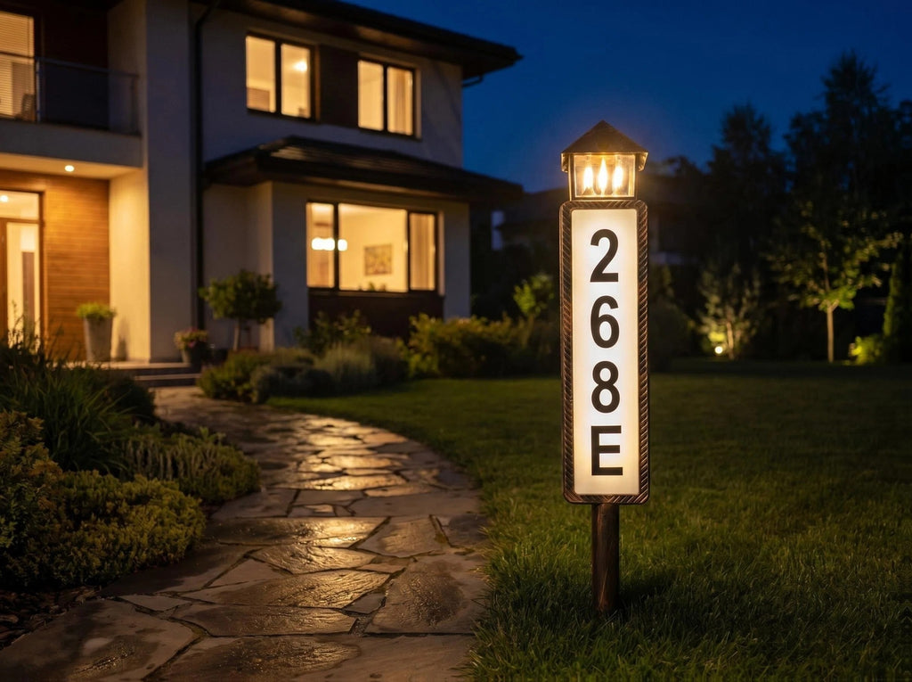 Solar LED Address Sign, House Number Display Board with Three Adjustable Color Mode Label, Black or Retro Design Options for Entryways and Courtyards