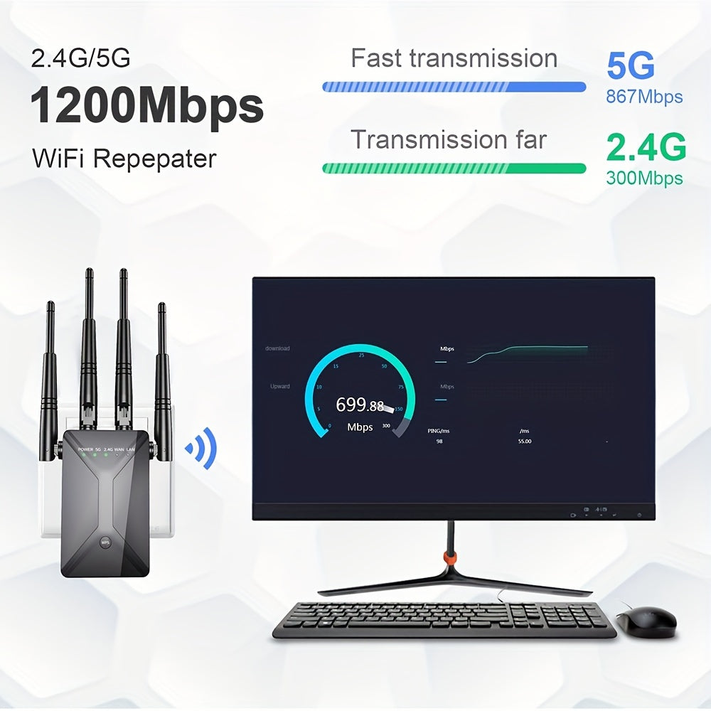 Black Dual-Band WiFi Extender with Ethernet Port, 2.4GHz and 5GHz Wireless Signal Booster and Repeater for Compatible Home Internet Networks