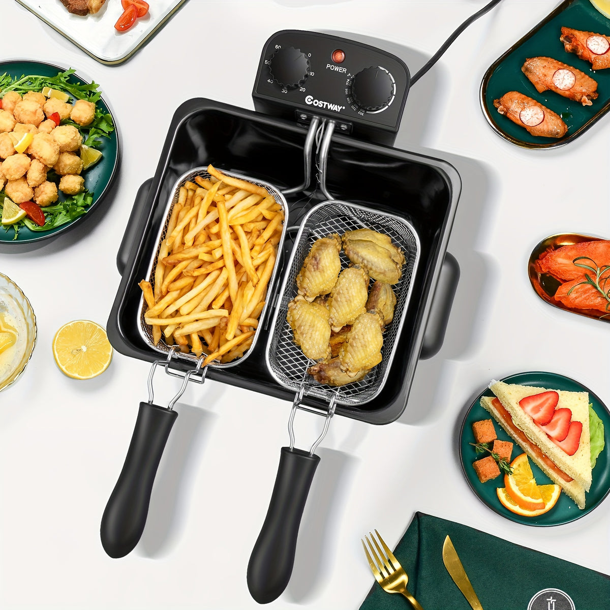 Viewing Window Electric Deep Fryer with Three Baskets, Listed 5.3QT Oil Capacity and 1700W Heating, Adjustable Temperature and Timer for Home Fried Food Preparation
