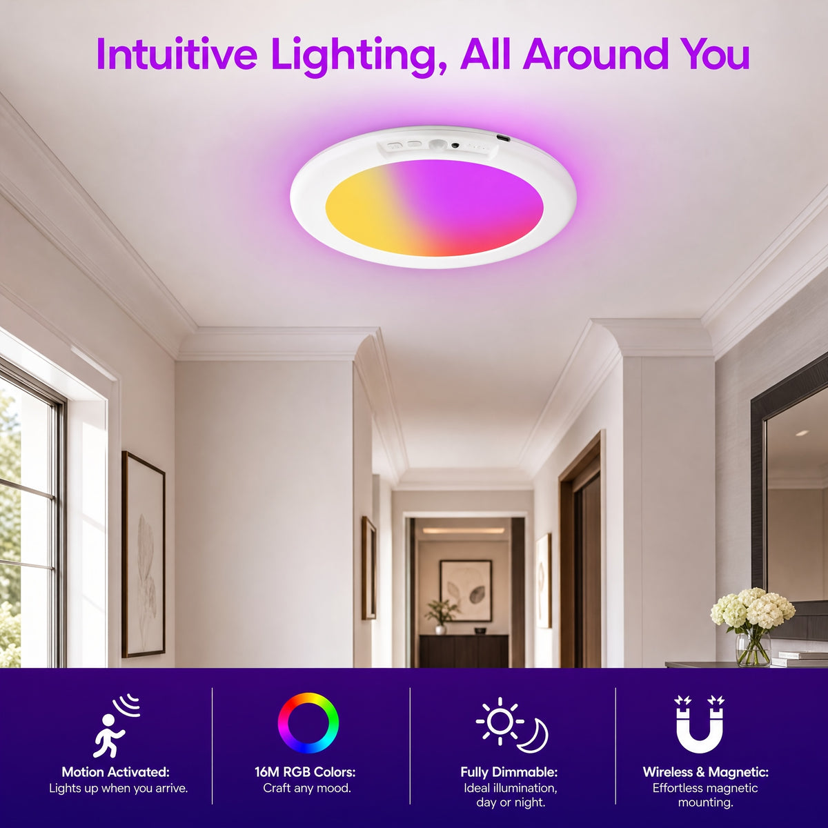Magnetic Motion Sensor Ceiling Light, Rechargeable LED Lamp with Remote Control, Color-Changing and White Lighting for Closets and Indoor Home Decor
