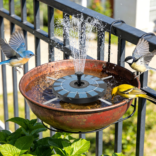 Solar Powered Water Fountain DT-505 with 4 Transparent Support Rods and 6 Spray Nozzles, Round Plastic Fountain Unit for Garden Pond and Courtyard Decor