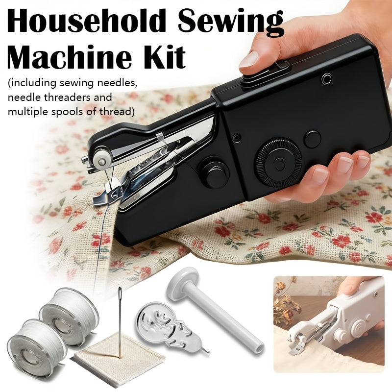Compact Handheld Sewing Machine Kit - Portable Sewing Machine, Fast Sewing, Portable Quick Sewing Tool for Fabrics, Garments, Etc. - Battery Powered (Includes Needle, Needle Threader, Thread Spool Pin, Fabric Sample, Two Bobbins)