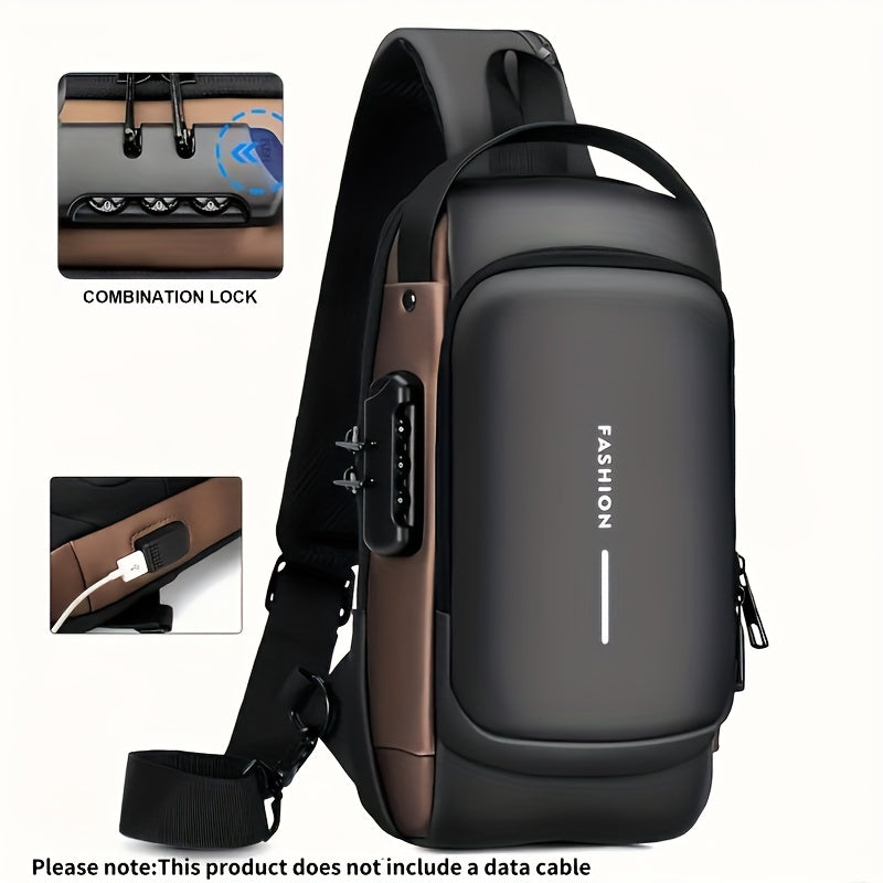 Mens Locking Sling Bag by Cutecity with USB Charging Port, Adjustable Shoulder Strap and Multiple Compartments in Black Brown or Blue Brown for Commuting and City Walks