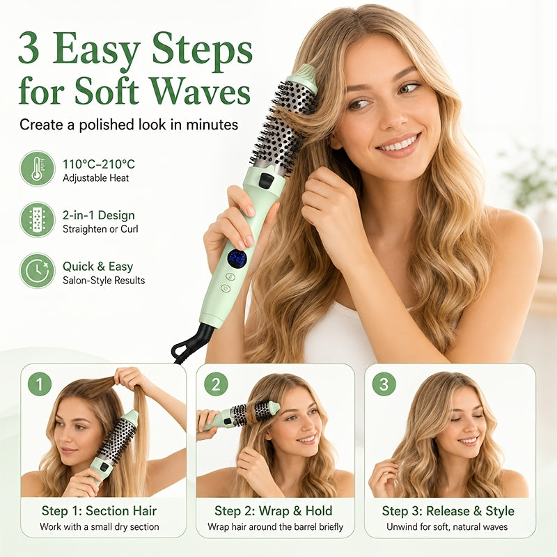 Non-Rotating Heated Hair Brush for Straightening, Curling and Inward-Turned Ends, 3-in-1 Round Barrel Styling Comb with No Airflow in Purple, Green or Pink