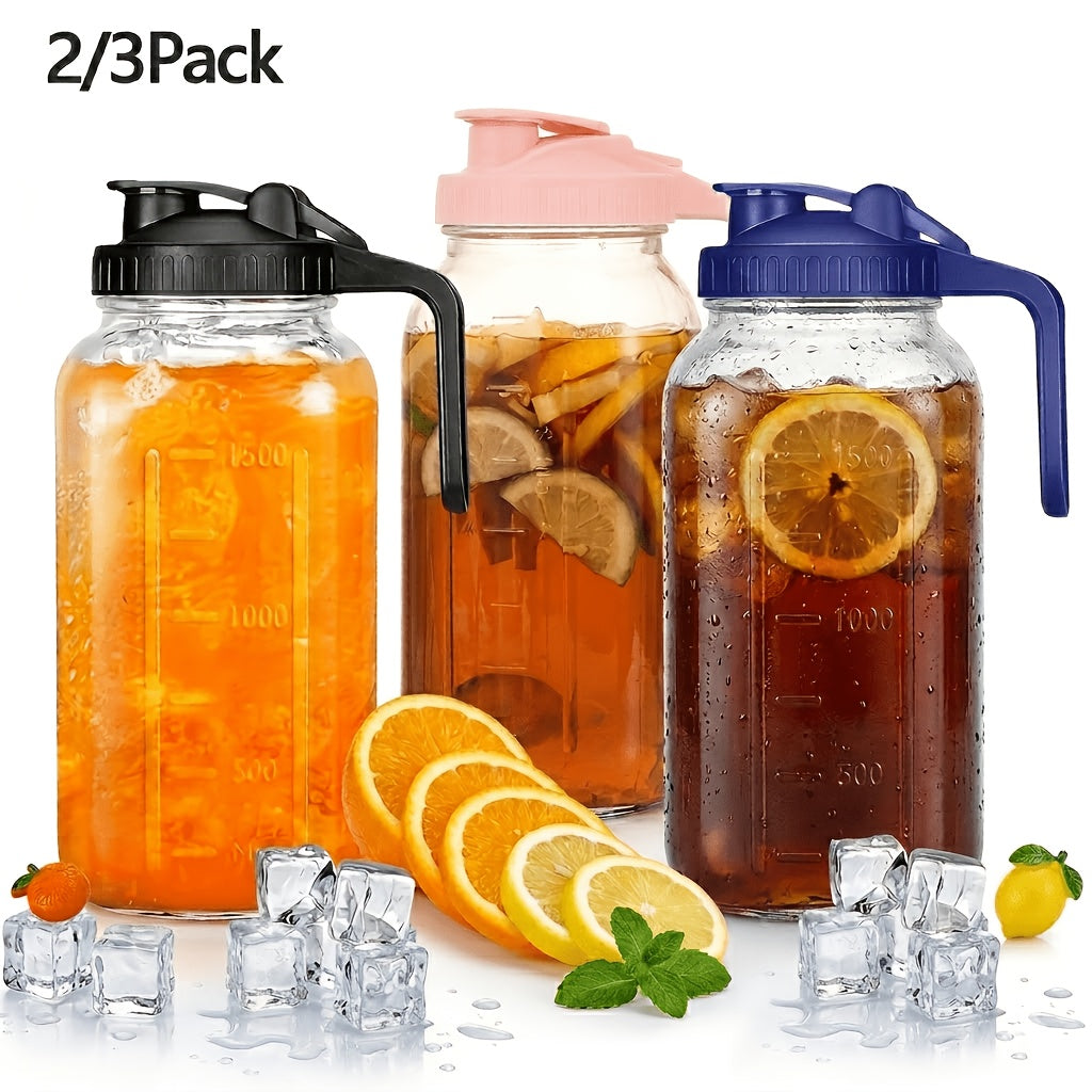 64oz Glass Pitcher with Handle and Pour Spout Lid, Wide Mouth Mason Jar Water Jug in 2-Pack, 3-Pack or Cup Set Options for BBQs and Fridge Storage