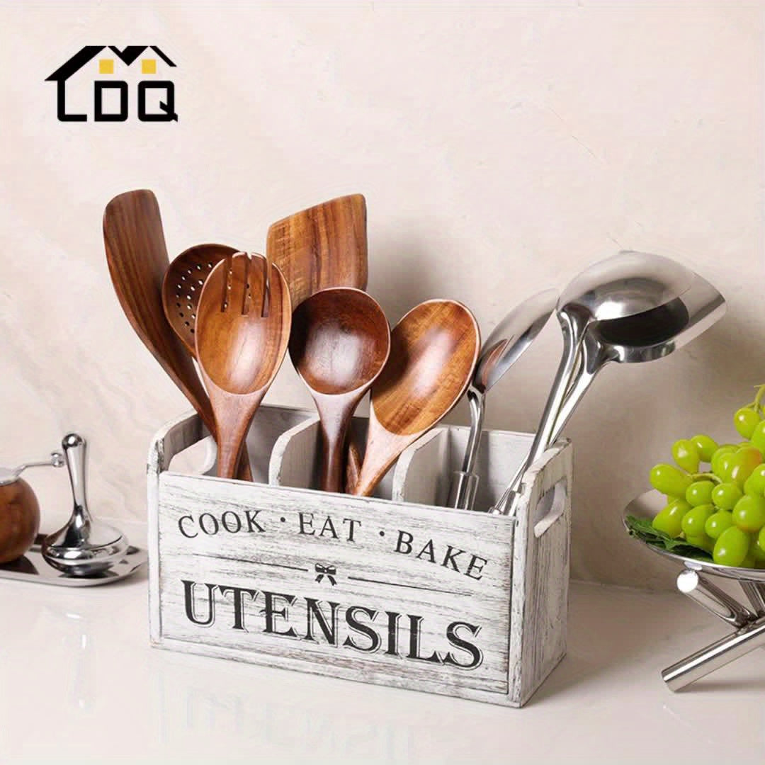 Wooden Kitchen Utensil Holder by LDQ, Rustic Countertop Organizer in Black or White with Two-Compartment Options for Forks, Spoons and Whisks