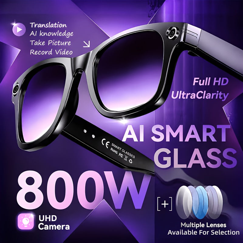 Camera Audio Smart Glasses with Replacement Lenses, Listed AI Translation, Object Recognition, Voice Assistant, Calls and Music for Everyday Wearable Use