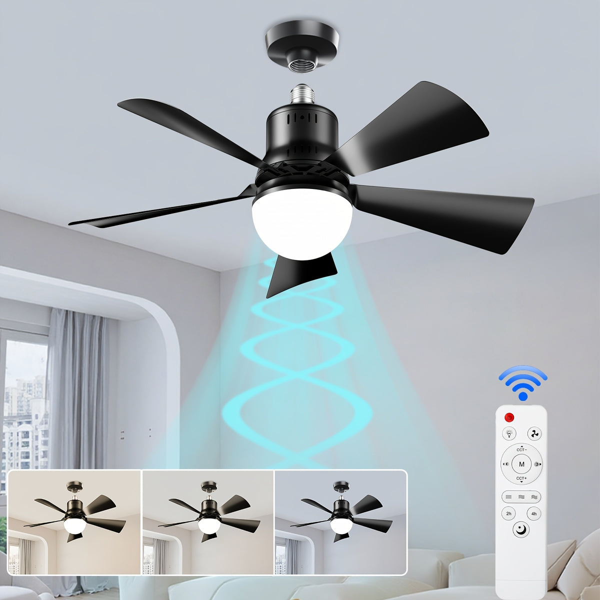 Black Screw-In Socket Fan Light, 20.5-Inch Ceiling Fan with Remote and Dimmable LED, Listed 2000 Lumens and Three 3000K–6500K Light Tones for Home Rooms