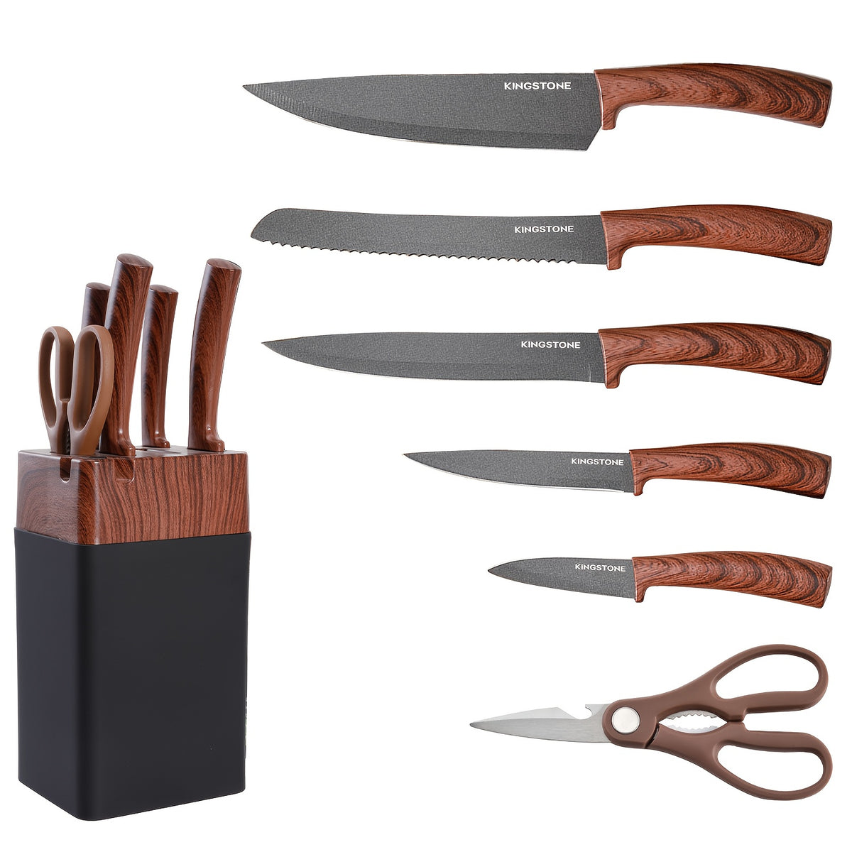 Kitchen Knife and Rack Set, Seven-Piece Collection with Chef, Bread, Replaceable Blade, Multipurpose and Fruit Knives plus Scissors for Home Meal Preparation