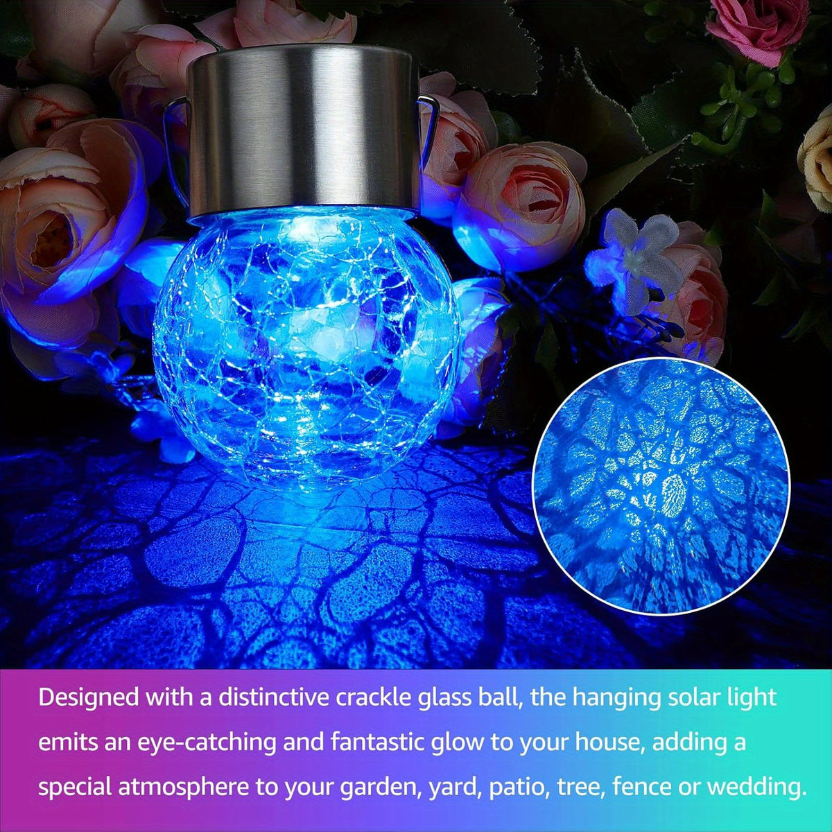 Solar Hanging Globe Lights with Crackle-Style Ball Design, Handles and Clips, Warm Light or Colored Lanterns in 8- or 16-Pack Options for Garden and Patio Decor