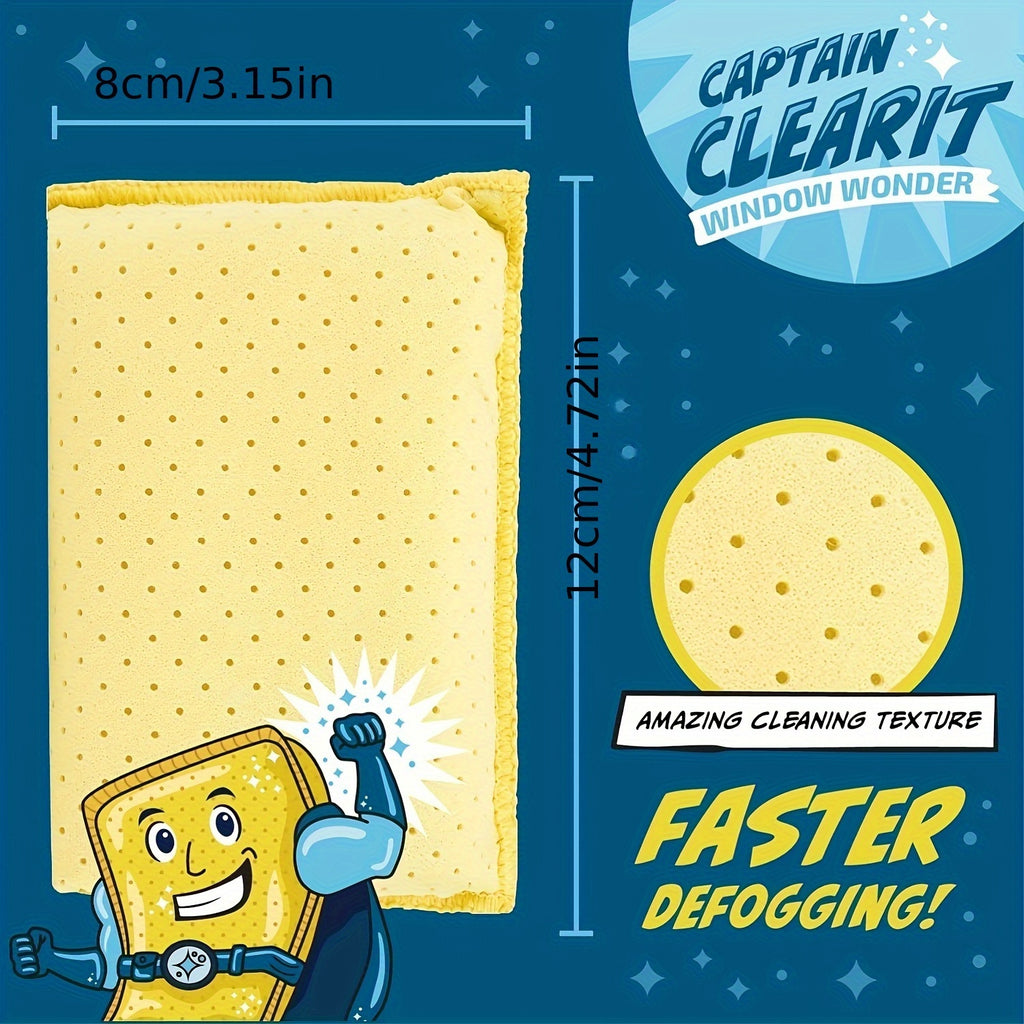 Car Glass Cleaning Sponge by Captain Clear, Blue and Yellow Single-Piece Wiping Tool for Compatible Vehicle Windows, Mirrors and Everyday Auto Care