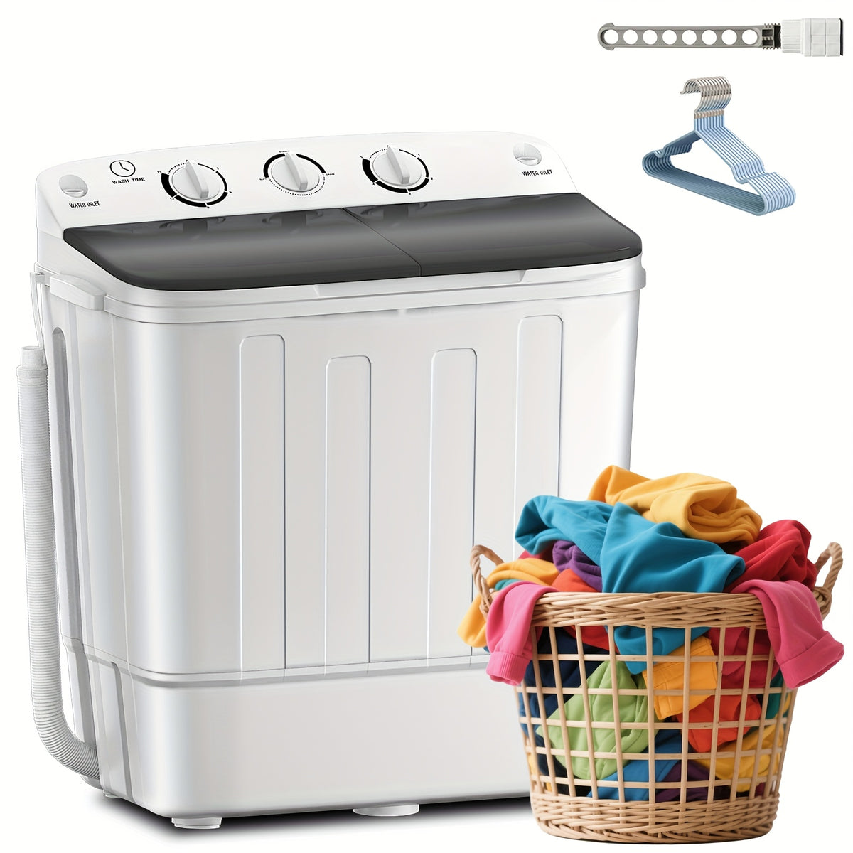 Double Drum Portable Washer in Black with Listed 19lb Capacity and 1300RPM Spin, Gravity Drainage, Seven Hangers and One Drying Rod for Small-Load Laundry