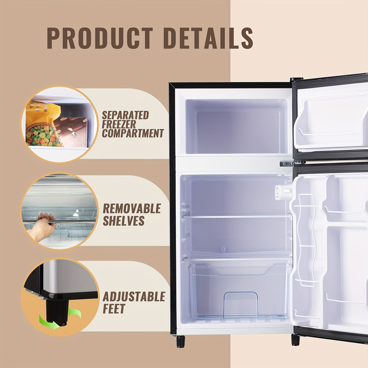 Compact Fridge Freezer by WANAI, Double-Door 3.5 or 4.5 Cu Ft Options with Seven-Level Thermostat, Removable Shelves and Listed LED Light for Apartment and Office