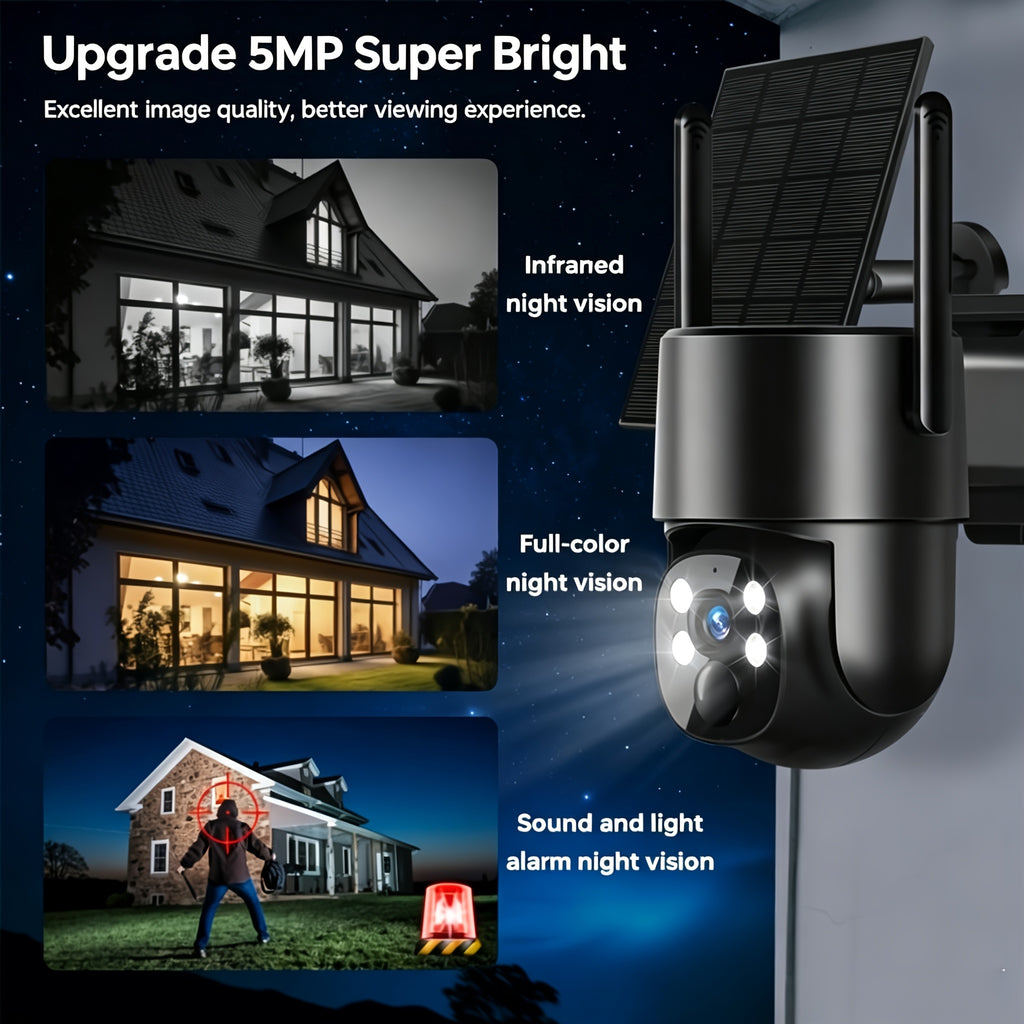 4G LTE Solar Security Camera 5MP with No-WiFi Connectivity, 360° PTZ View, AI Human Tracking, Color Night Vision and Two-Way Audio for Farms and Yards