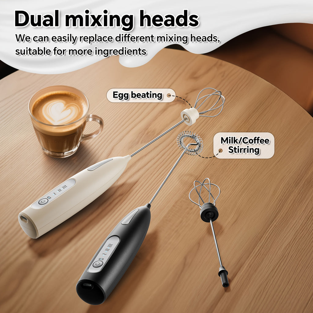 Electric Milk Frother with Three Speeds and USB Rechargeable Design, Four Color Labels with Foam Head or Egg and Frother Head Options for Home Coffee Preparation