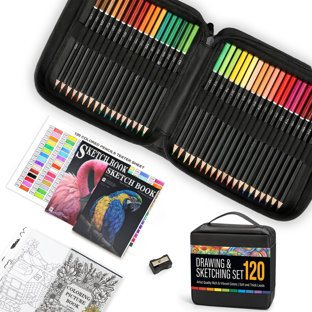 120 Color Colored Pencil Set with Listed Sketchbook for Adult Coloring Books, Drawing, Sketching, Blending and Shading Practice at Home or in Art Classes