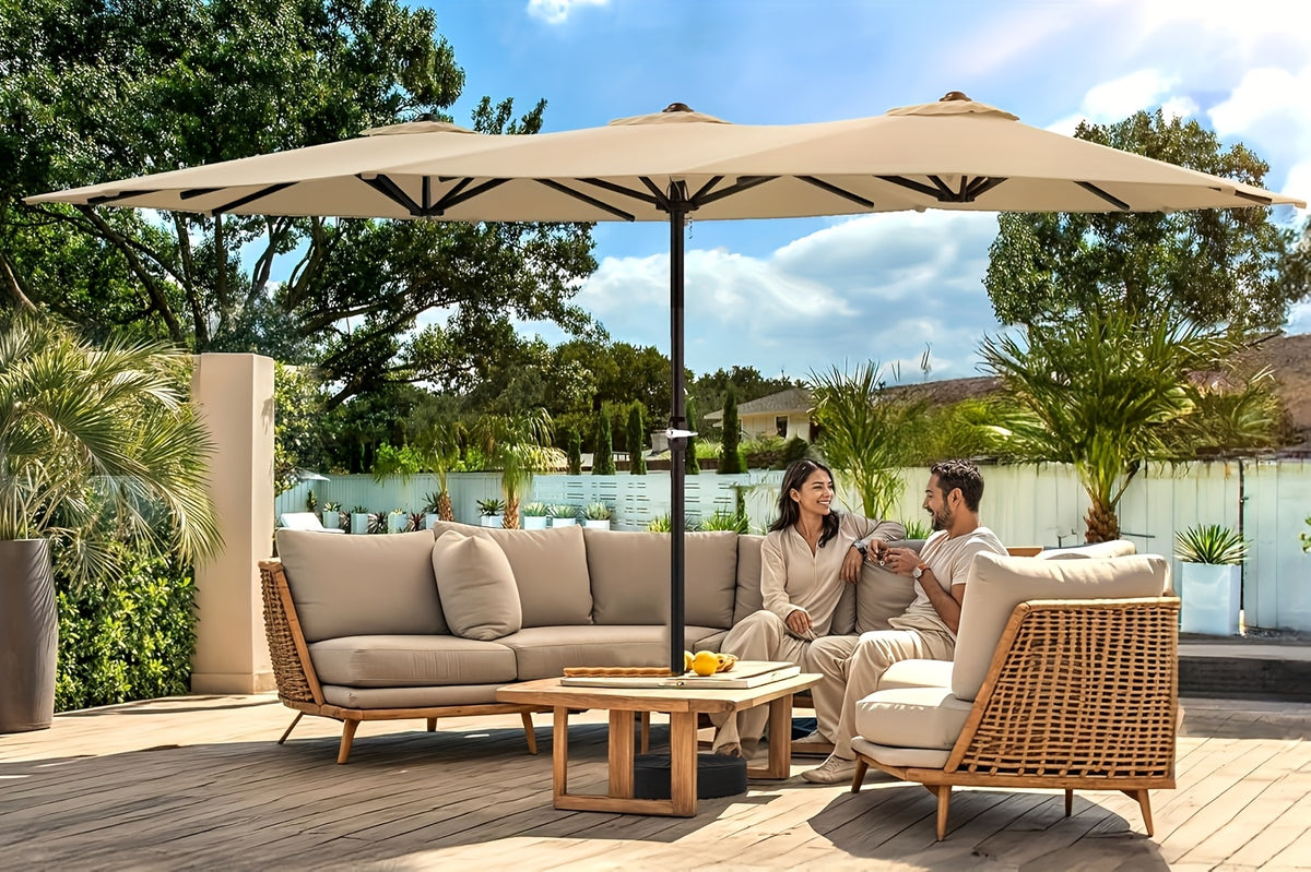 Double-Sided Solar Patio Umbrella with 48 LED Lights, 15ft Outdoor Shade Canopy with Crank Handle, 12 Ribs, Base and Four Sandbags in Blue or Light Blue