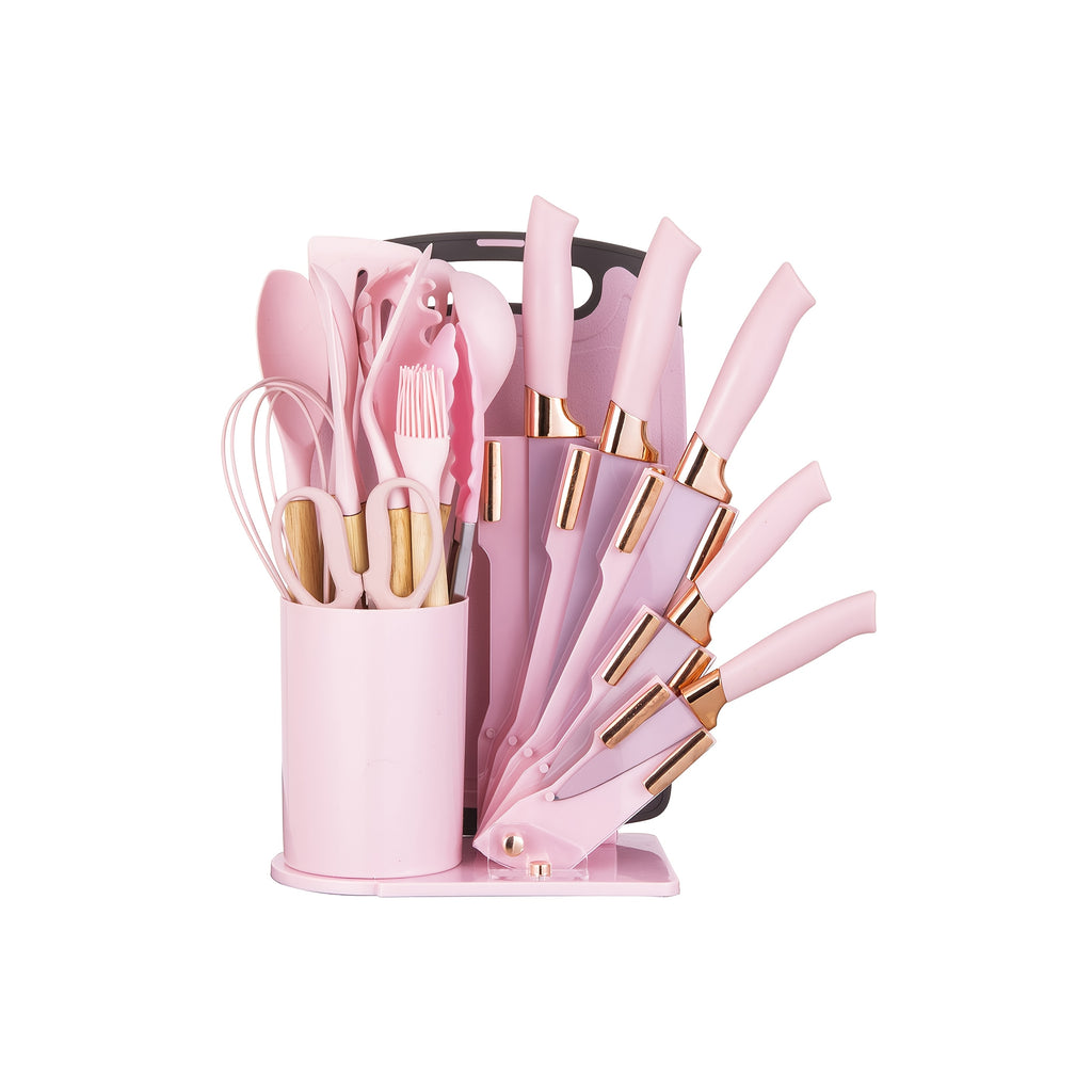 Cooking Utensil and Knife Set for Home Kitchen Preparation, Multiple Color Choices with Selected Pink or Black Square-Barrel and Gift Box Options