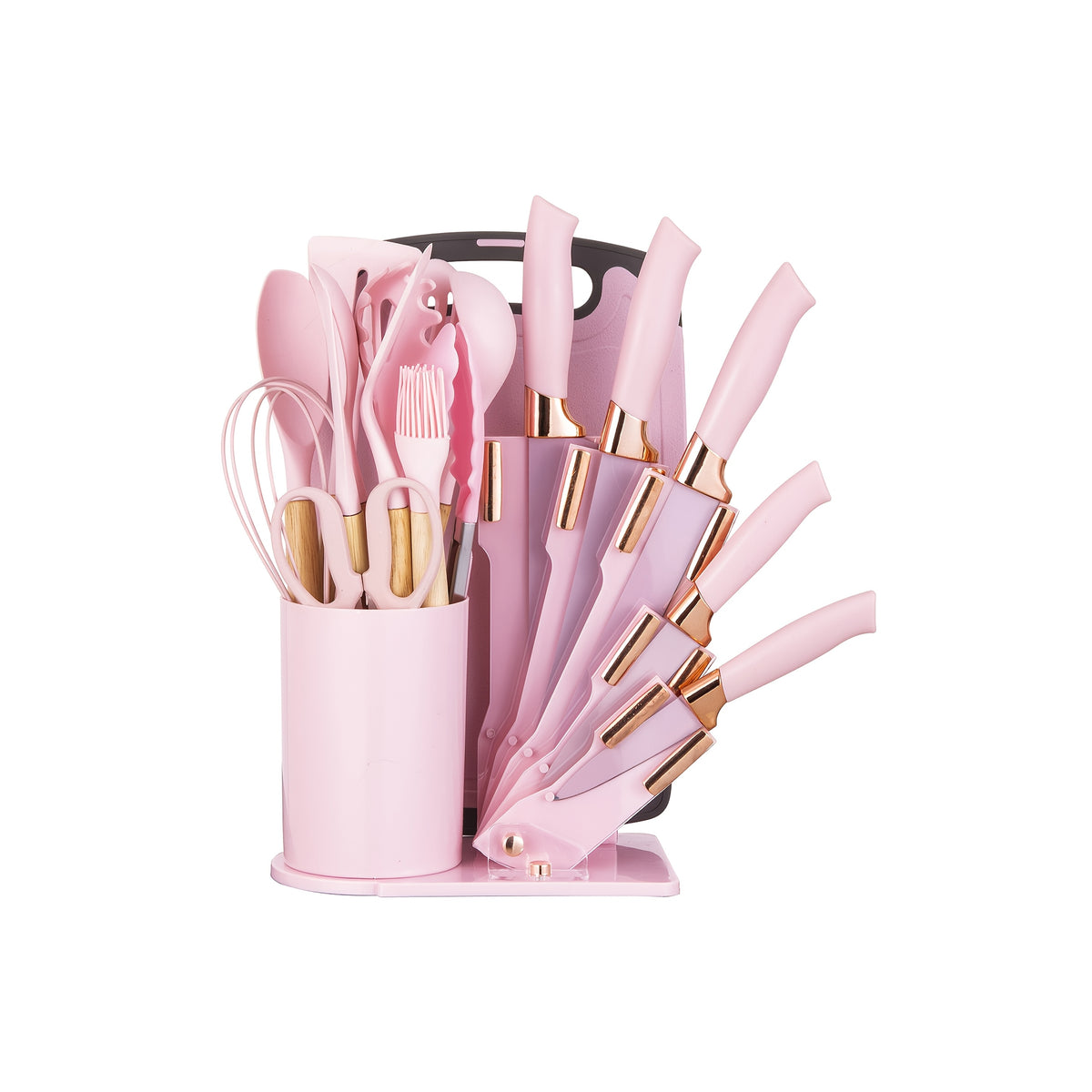 Cooking Utensil and Knife Set for Home Kitchen Preparation, Multiple Color Choices with Selected Pink or Black Square-Barrel and Gift Box Options