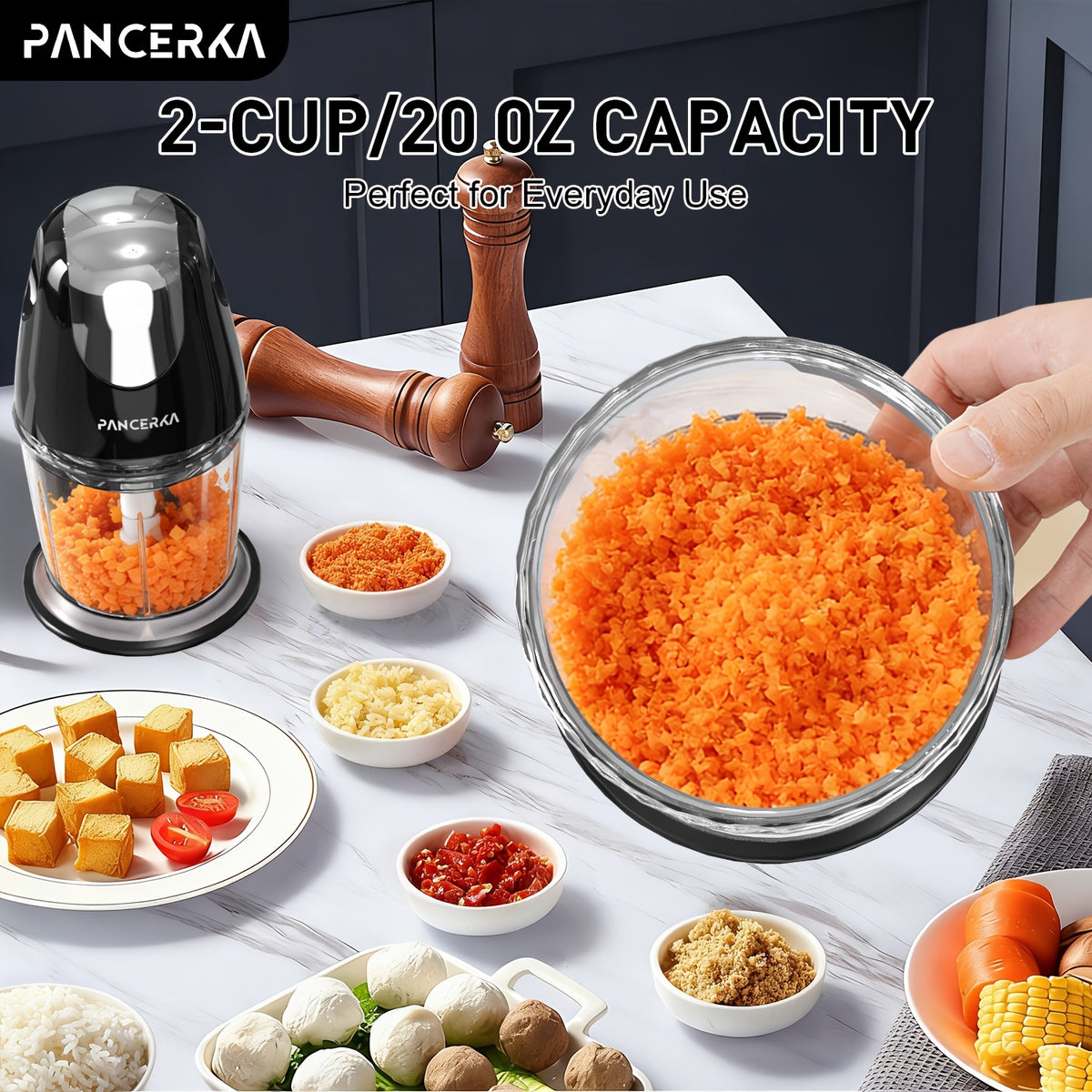 One-Touch Electric Food Chopper by PANCERKA, Listed 20.29oz Capacity with Four Stainless Steel Blades for Compatible Vegetables, Garlic, Fruit and Meat Prep