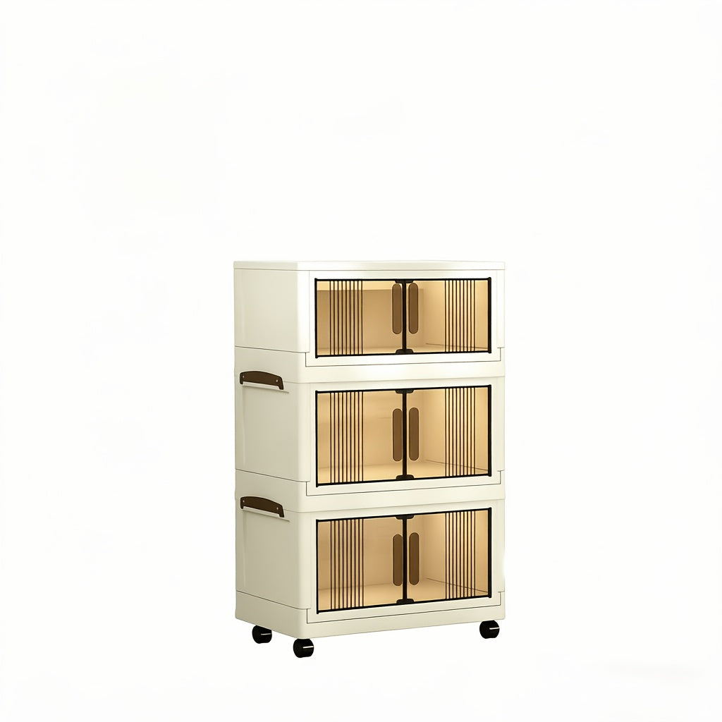 Foldable Plastic Storage Cabinet with Wheels and Transparent Organizer References, White 3pcs, 4pcs or 5pcs Models for Bedroom and Living Room Organization