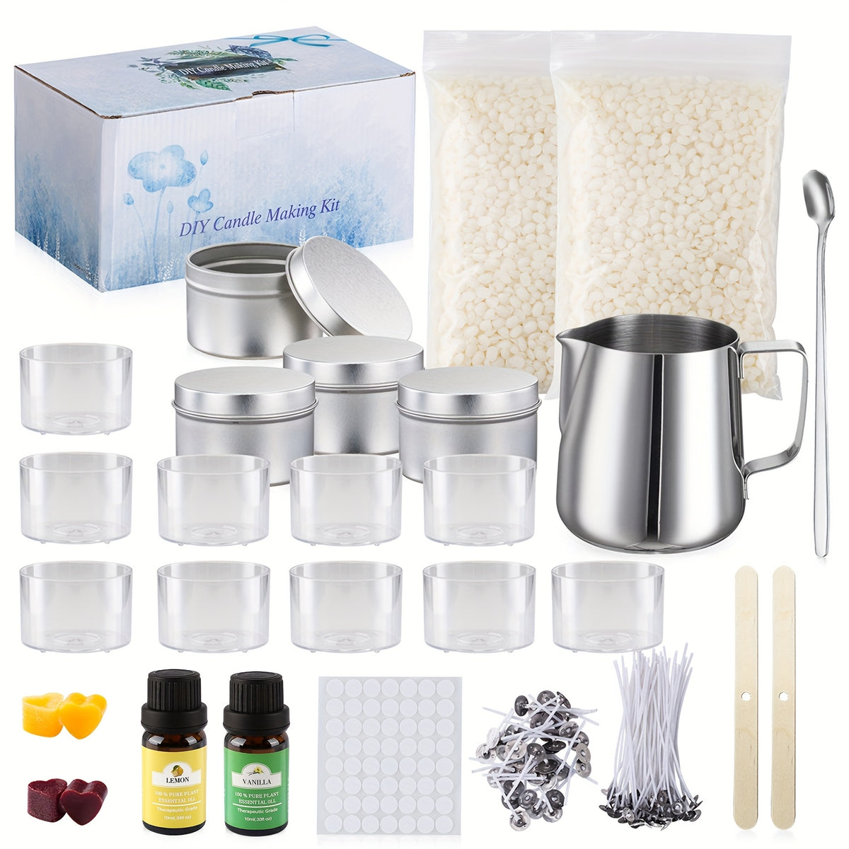 Candle Making Starter Kit with Listed Soy Wax, Essential Oil, Colored Wax Block, Pouring Cup, Spoon, Storage Jar and Wick for Adult Beginner DIY Candle Projects