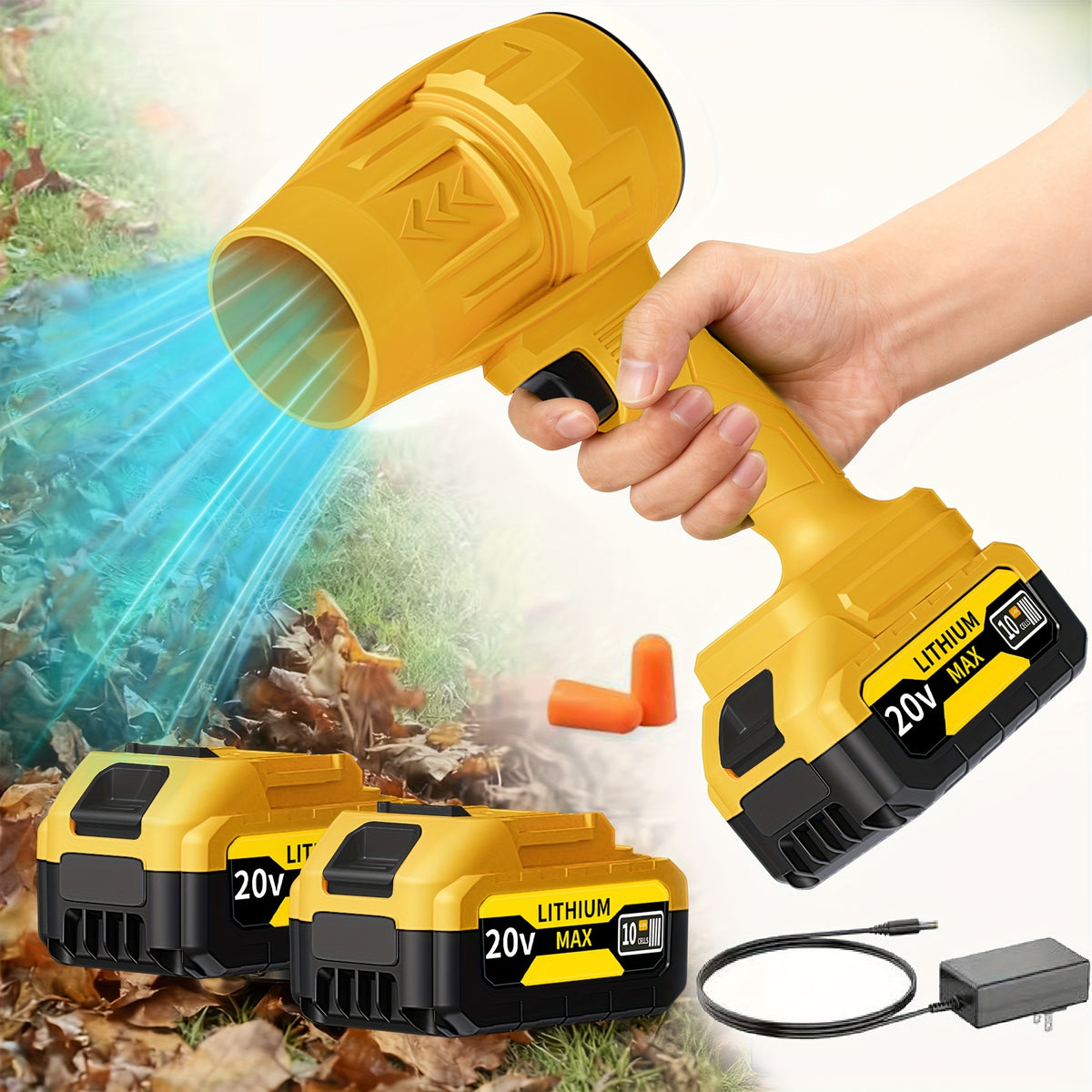 Battery-Powered Leaf Blower with Two-Battery Kit Options, Yellow or Green Cordless Air Blower for Yard Cleanup, Loose Leaves, Dust and Car Drying Projects