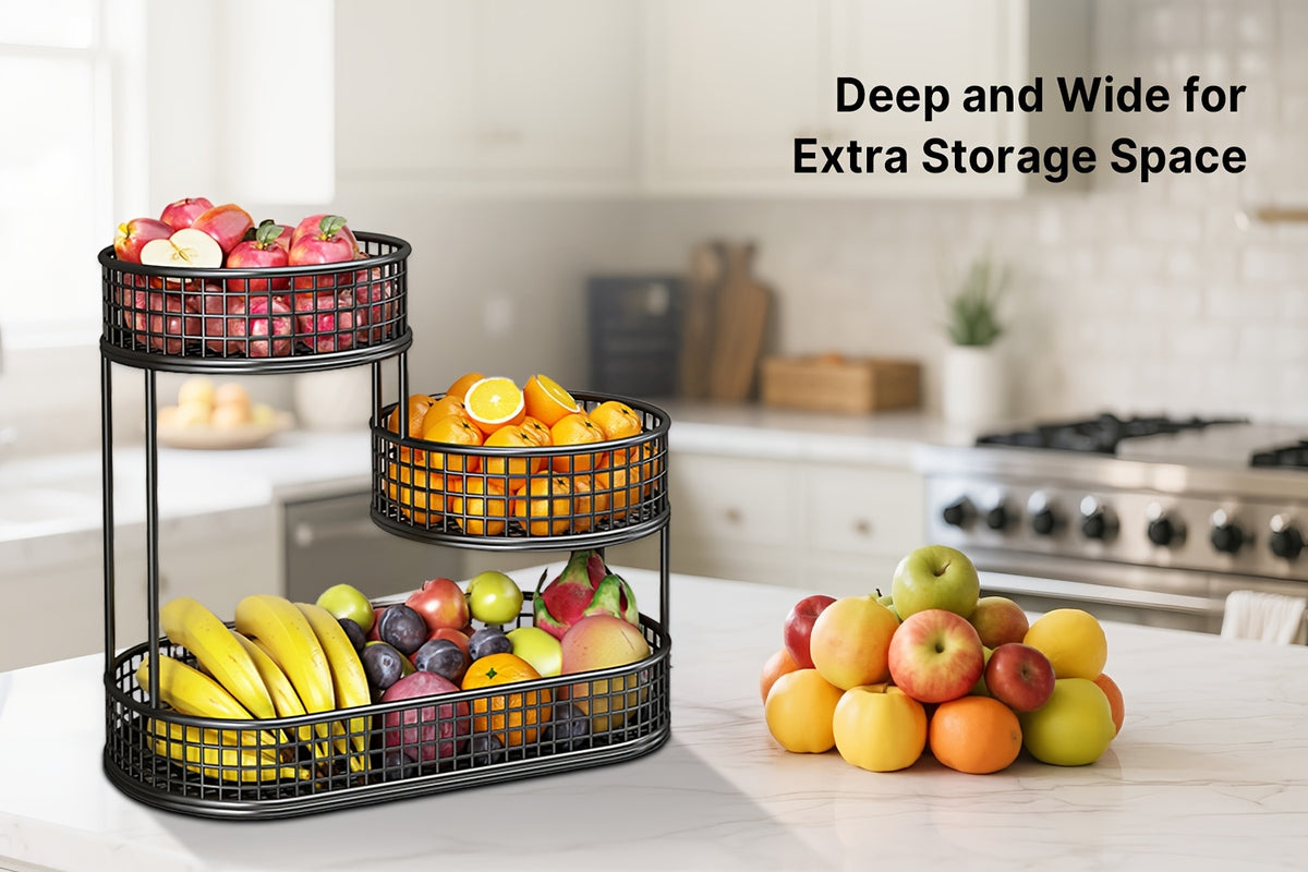 3-Tier Metal Fruit Basket for Kitchen Organization, Large Capacity Produce, Bread and Snack Storage with Black and 3 tier-Golden Option Labels